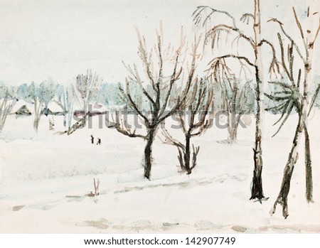 Winter landscape with the frozen water basin and going people