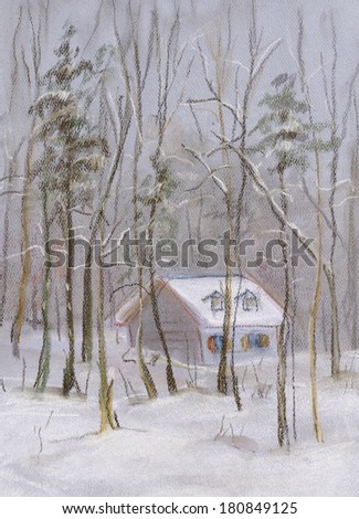 Deep snowdrift, little house in wood.Winter day