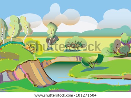 Summer landscape with pond and high beach