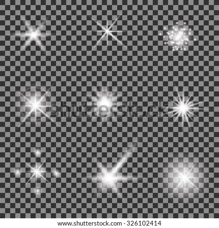 Vector Set of Different White Lights Isolated on Grey Checkered Background. Different Stars Collection. Star Lights Foto stock © 