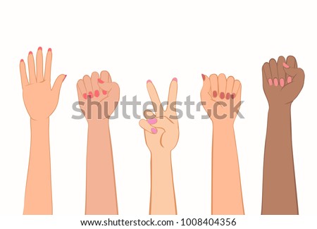 Women's hands with painted nails. Symbol of women's protest of different nations. Clenched fist, stop gesture, victory sign. Vector illustration EPS-8.
