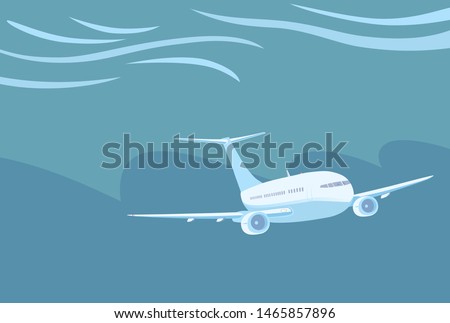 Commercial jet airliner in flight. Airplane with two engines flying. Severe weather conditions, dangerous meteorological with the potential to cause damage. Vector illustration.