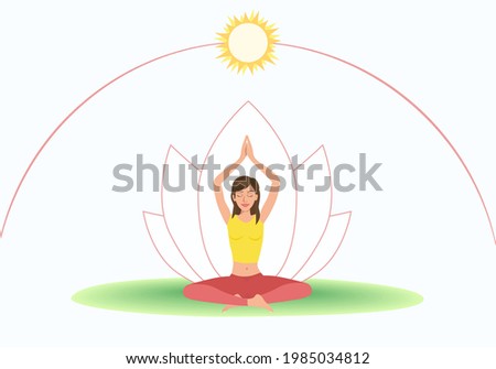 Young woman on grass doing Lotus Pose Padmasana. Her hands points to the sun at its zenith. Vector illustration.