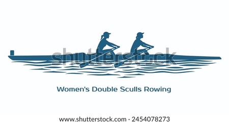 Women Double Sculls Rowing. Two sportswomen with oars in shells, Light ripples on the water in a separate layer. Vector illustration.