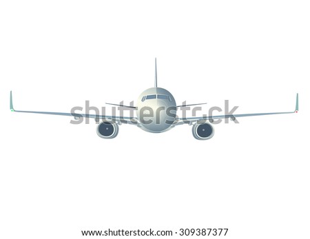 Flying Boeing airliner  isolated on white, front view.