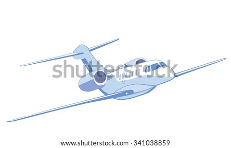 Flying private jet. Vector illustration, isolated on white. Front view.