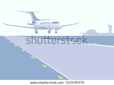 Business jet landing (take-off). Runway, airfield, airport background. Vector illustration, EPS 8.