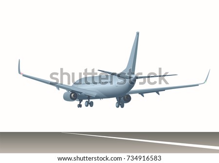 Commercial jet airplane over the runway before landing (take off). Airliner with two engines and chassis. Back side view. Vector illustration EPS-8.