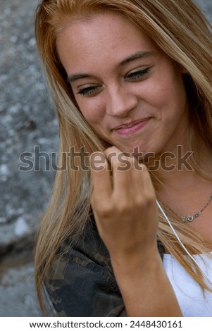 Similar – Image, Stock Photo Smiling woman squinting in sun and enjoying weather