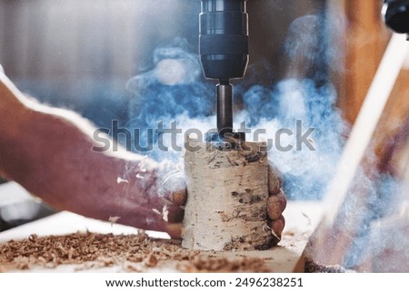 Similar – Foto Bild Schreiner bohrt Holzdetail an Werkbank