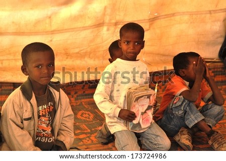 HARGEISA, SOMALIA - JANUARY 11, 2010: African refugee camp on the outskirts of Hargeisa in Somaliland. With the support of UNICEF, an international organization it operates the school.
