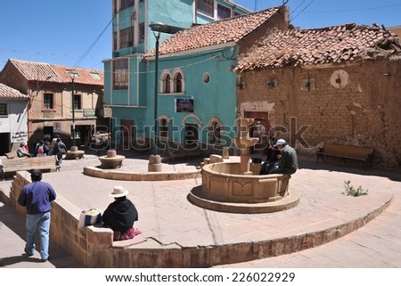 POTOSI, BOLIVIA - SEPTEMBER 7, 2010: Potosi  is one of the highest cities in  world. History City is closely connected with extraction of rich deposits of silver. Local inhabitants on the city streets