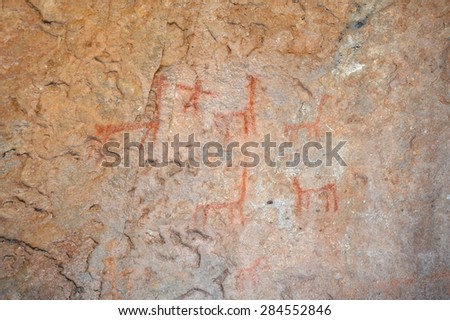 ALTIPLANO, BOLIVIA - SEPTEMBER 10, 2010: Cave drawing depicting llamas near the town of Oruro, in the plateau of the Altiplano of the Bolivian Andes.