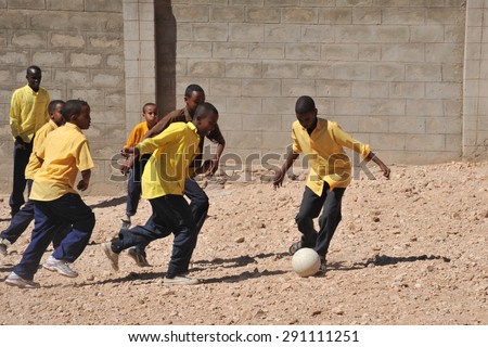 HARGEISA, SOMALIA - JANUARY 12, 2010: Football is very popular among Somali boy.School of Somaliland have virtually no sports equipment, due to lack of funding. First school Sunshine of Hargeysa.