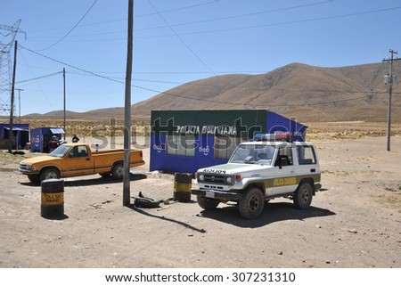 ALTIPLANO, BOLIVIA - SEPTEMBER 10, 2010: A police post on the road in the Altiplano. Altiplano is a vast plateau in  the Western lower part of the interior plateau of the Central Andes.