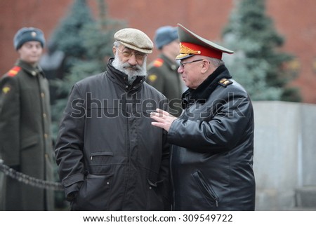 MOSCOW, RUSSIA - NOVEMBER 7,2013: Hero of the Soviet Union and Hero of the Russian Federation Artur Chilingarov and The Minister of internal Affairs of Russia (1995-1998) Anatoly Sergeevich Kulikov