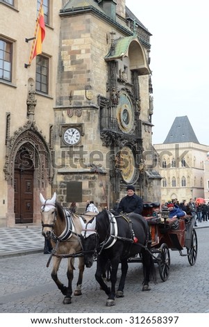 PRAGUE, CZECH REPUBLIC - NOVEMBER 26, 2012: Horse ride through the streets of Prague.