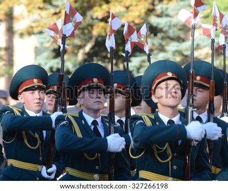 MOSCOW, RUSSIA - SEPTEMBER 6, 2014:The honour guard of interior Ministry troops of Russia. Special military formations are designed to ensure the internal security of the state, protection of rights.