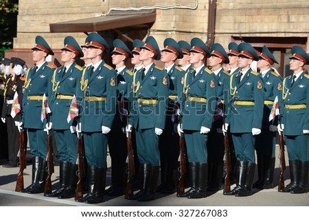 MOSCOW, RUSSIA - SEPTEMBER 6, 2014:The honour guard of interior Ministry troops of Russia. Special military formations are designed to ensure the internal security of the state, protection of rights.