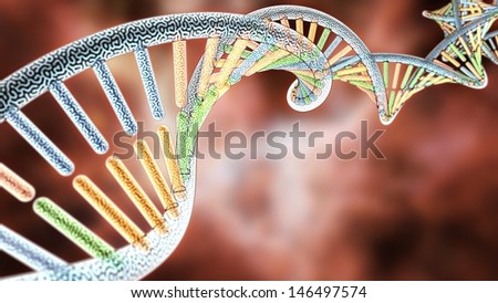 colorized DNA model on Red Biological styled background, 3D rendering with Depth of Field (DoF)