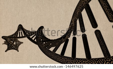 Strong Ink sketch of DNA model, on canvas background, 3D rendering with Depth of Field (DoF)