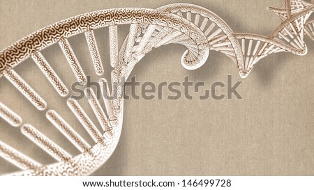 retro sketch of DNA model, 3D rendering on canvas background, bright