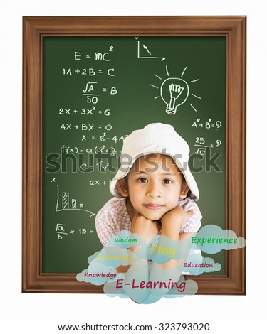 Little girl thinking out from wooden frame planning for education