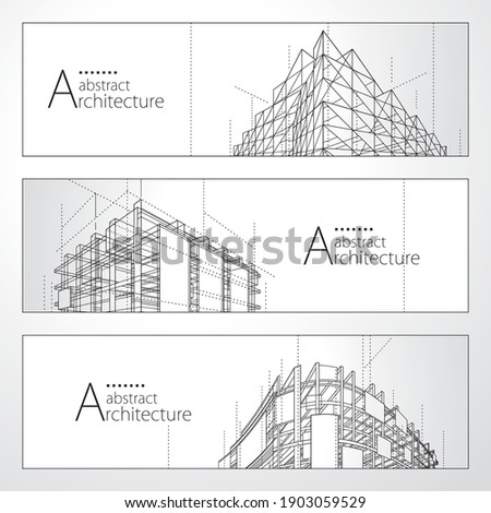 3D illustration architecture abstract modern building, Architecture building construction perspective line drawing design banner set.