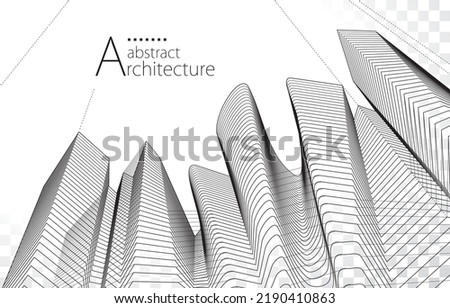 3D illustration black and white linear drawing. Imagination architecture building abstract background. Architecture modern urban building design. 
