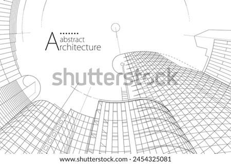 3D illustration, abstract modern urban landscape line drawing, imaginative architecture building construction perspective design.