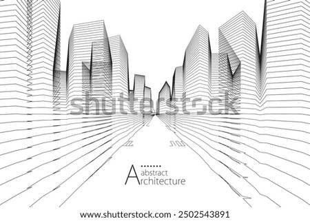 3D illustration, abstract modern urban landscape line drawing, imaginative architecture building construction perspective design.