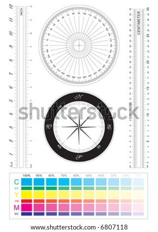 actual precision ruler of inch and centimeter for vector file, plus compass and protractor
