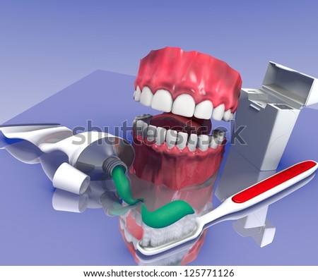 Dental hygiene equipment modeled in three dimensional graphics