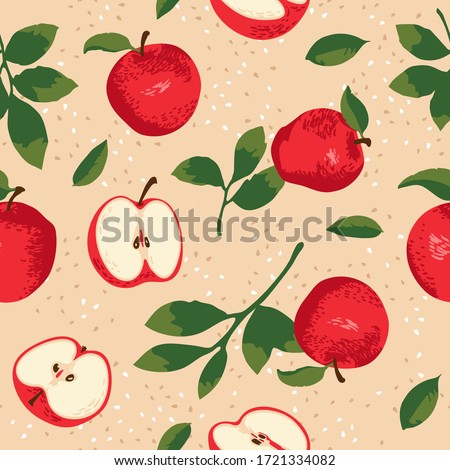 Vector summer pattern with apples, flowers and leaves. Seamless texture design.