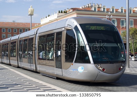 NICE, FRANCE Ã¢Â?Â? AUGUST 18: Modern tram in the center of Nice, France on august 18, 2010. Central Square - Place Massena, new landmark of the town.