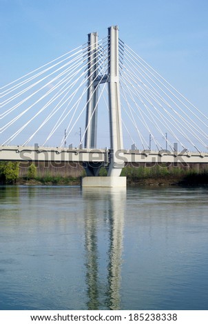 Cable stayed railway bridge across river Po in Northern Italy