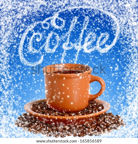 Cup with hot coffee in snowy frame. Design sign board of coffee shop in winter.