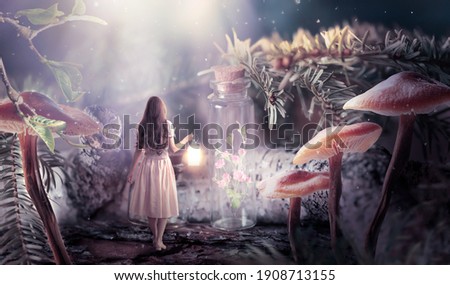 Girl in dress with shining lantern in hand walking in fantasy fairy tale elf forest, ghost rose flower bloom locked in bottle and moon rays, mysterious fir tree and mushrooms in magical elvish wood