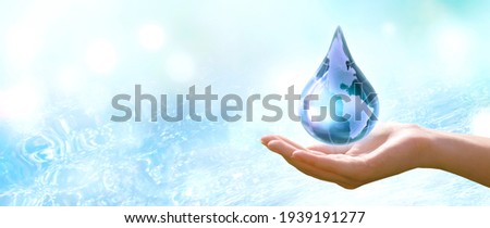 Water Day or World Oceans Day concept. Environmental conservation and Climate literacy, save, protect clean planet Earth and ecology, sustainable lifestyle. Drop in human hand on pure sea background.