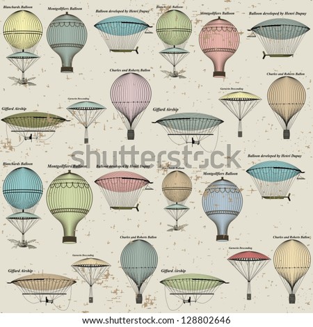 Vintage  seamless pattern of hot air balloons and airships ,  background. Seamless pattern can be used for wallpaper, pattern fills, web page background,surface textures. Gorgeous seamless  background