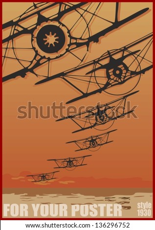 Old biplanes flying over evening sea, retro aviation background. Vector poster