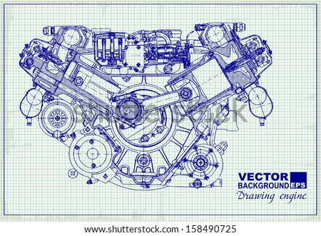Drawing old engine on graph paper. Vector background.