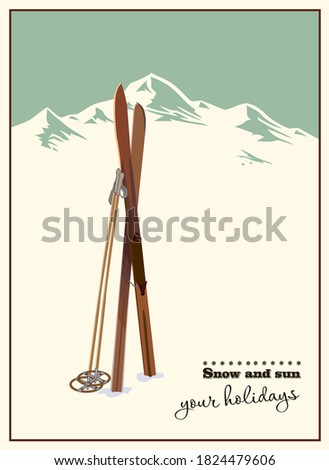 Vector winter themed template with wooden old fashioned skis and poles in the snow with snowy mountains and clear sky on background. Retro looking minimalistic skiing promotion poster template