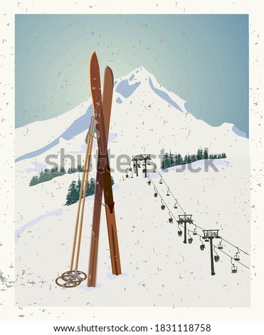 Vector winter themed template with wooden old fashioned skis and poles in the snow with snowy mountains and clear sky on background. Retro looking minimalistic skiing promotion poster template