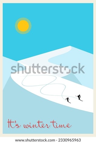 A minimalistic winter mountain landscape with two skiers. The concept poster of a ski resort. For websites, wallpapers, posters or banners.