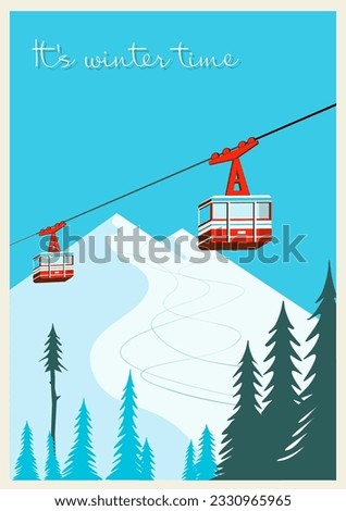 Vintage Winter cartoon background, poster. Red ski Lift Gondolas moving in Snow Mountains