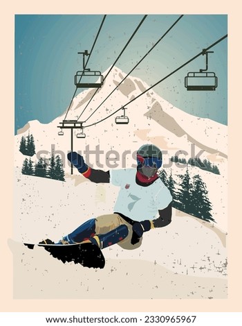 Winter poster. An experienced snowboarder descends from a downhill mountain. Sports descent on a snowboard from the mountain. Vector illustration.