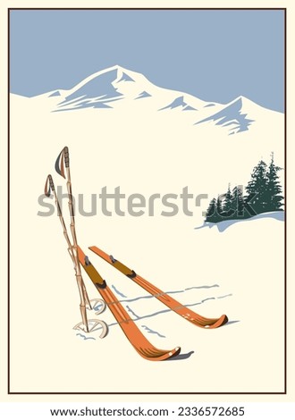 Vintage winter ski poster. Vintage wooden skis with bamboo ski poles on ski track against winter mountains background. Refined interior solution.