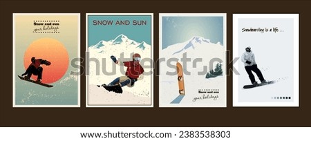 Four decorative posters about snowboarding in different styles.