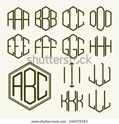 Set 1 template letters to create a monogram of three letters inscribed in a hexagon in Art Nouveau style
